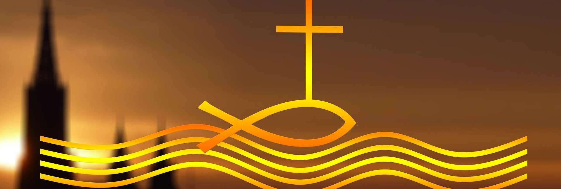 Eine Kirche bei Nacht, im Vordergrund sind gelbe Wellen, ein Kreuz und ein Fisch zu sehen 