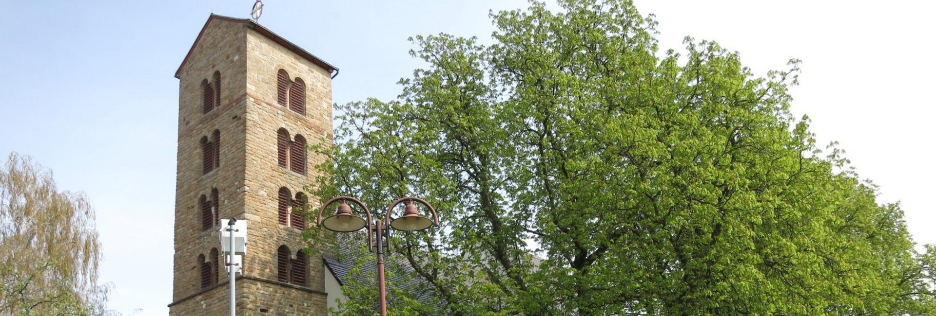 Katholische Kirche Heßheim, Turm ist links zu sehen, daneben steht ein großer  Baum