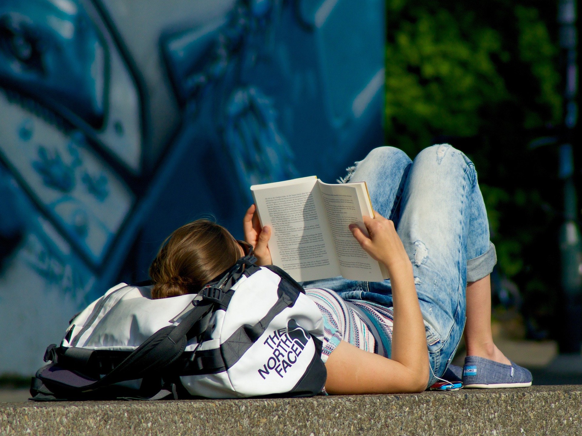 Eine junge Frau liegt in der Natur und liest ein Buch.