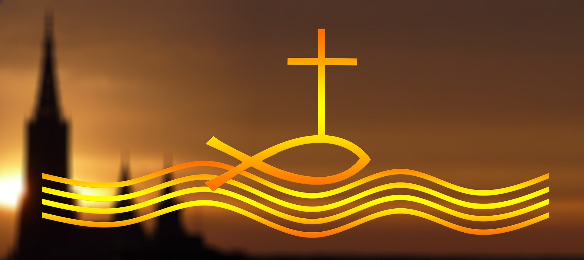 Eine Kirche bei Nacht, im Vordergrund sind gelbe Wellen, ein Kreuz und ein Fisch zu sehen 